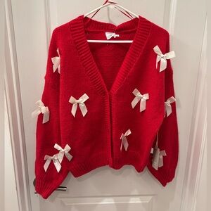NWT Luna Ivy soft knit Red Cardigan with White satin Bows - M